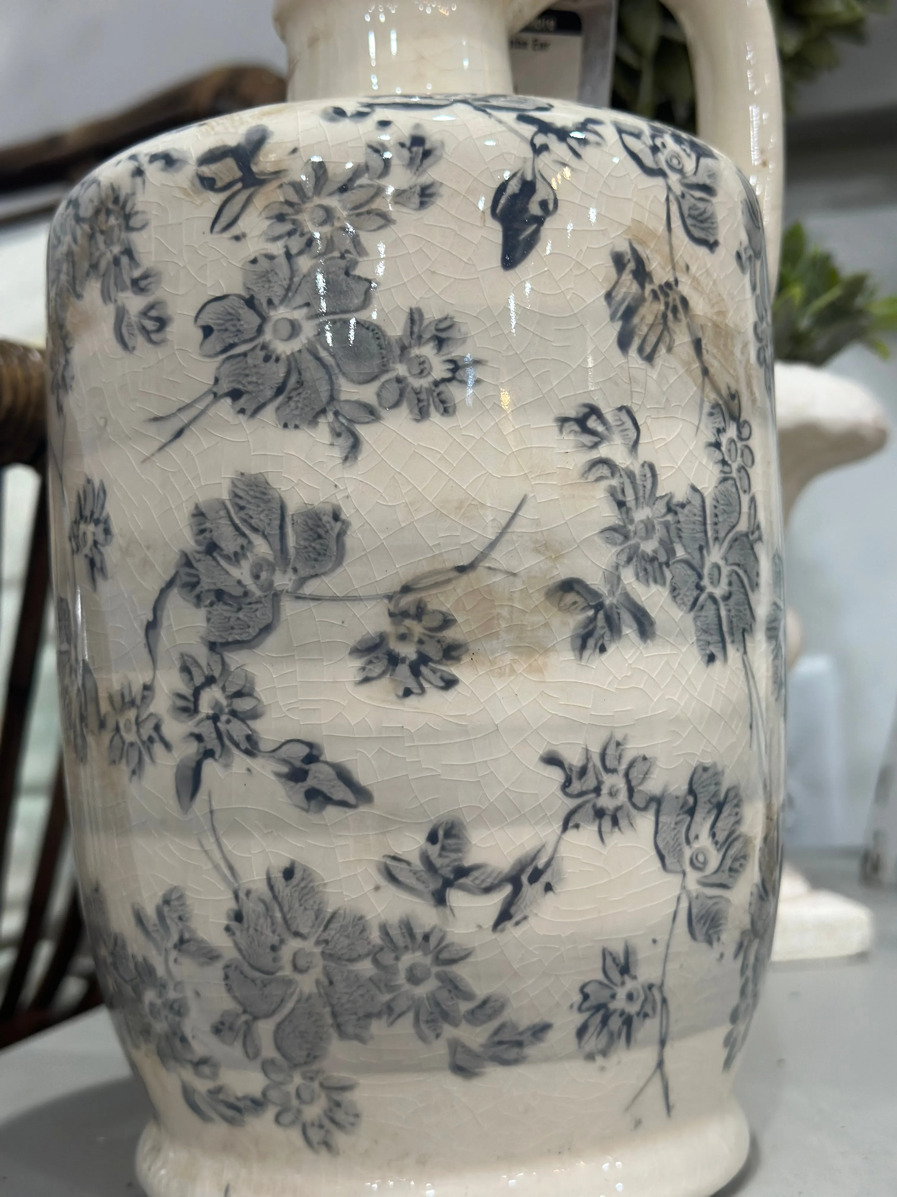 10” Ceramic Cream Crackle with Gray Floral Jug/ Vase