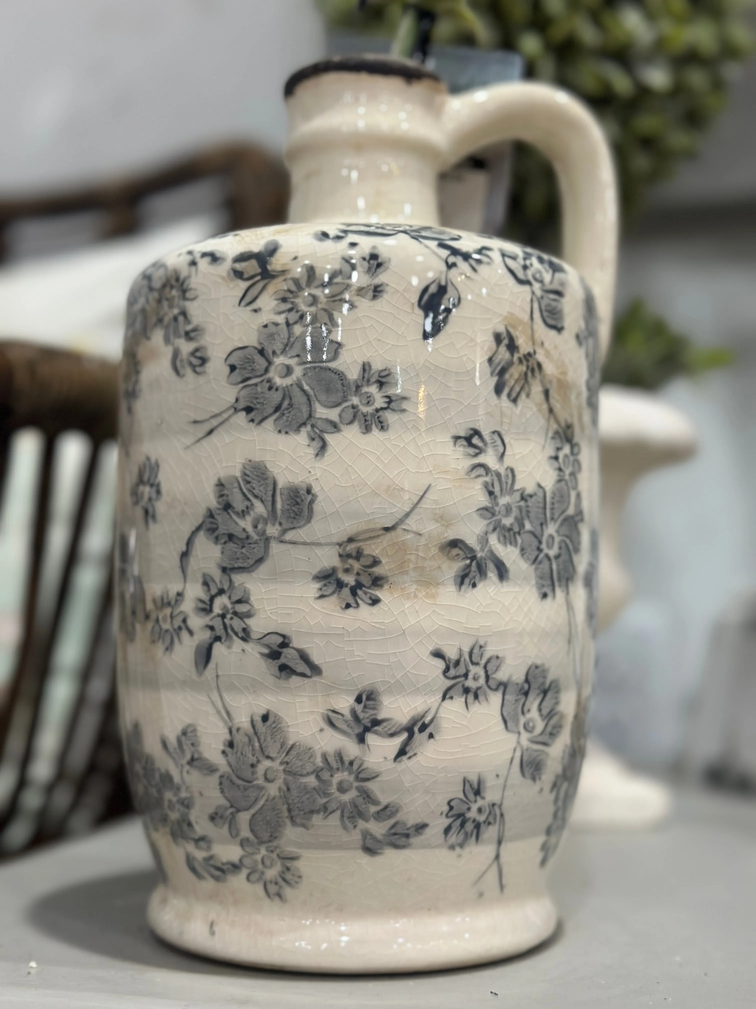 10” Ceramic Cream Crackle with Gray Floral Jug/ Vase