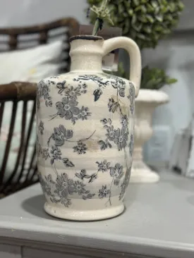 10” Ceramic Cream Crackle with Gray Floral Jug/ Vase