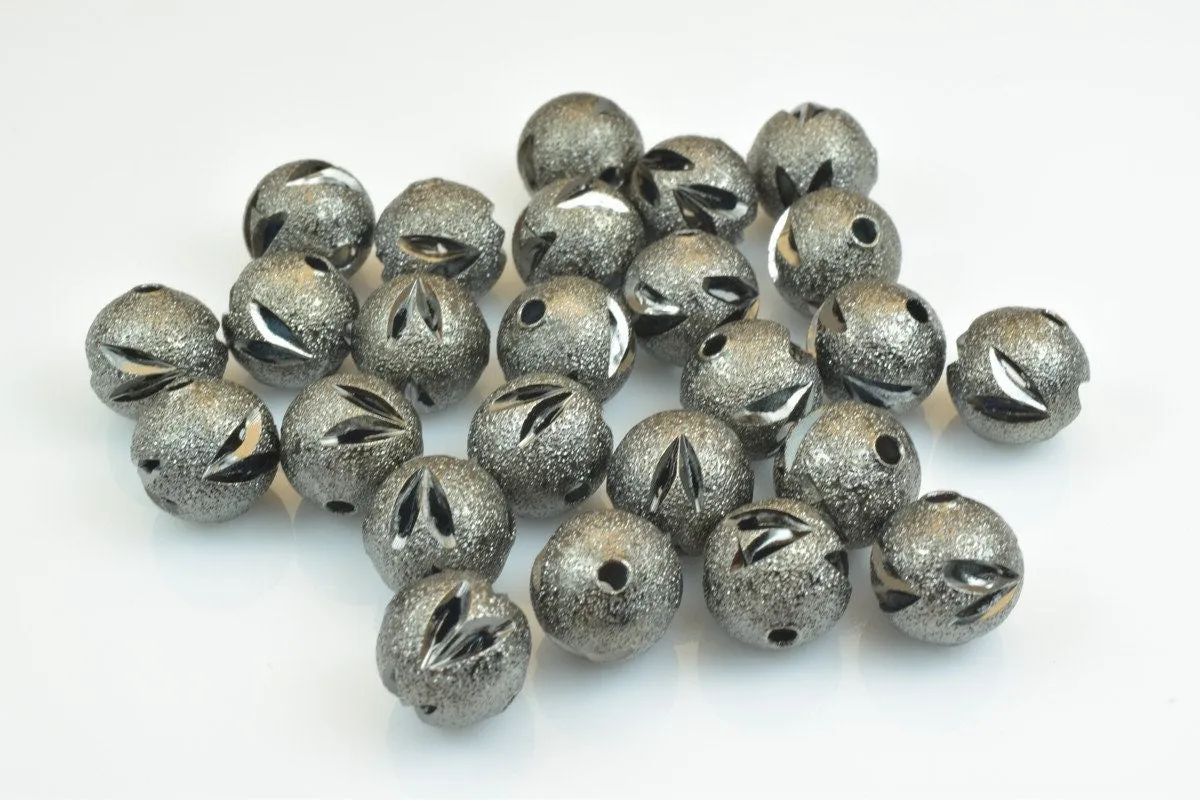 100 PCs Gun Metal Plated Black Carved Round Beads 6mm/8mm/10mm Diamond Cut For Jewelry Making