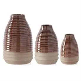 13" Glazed Brown Ribbed Vase with Tan Unglazed Bottle