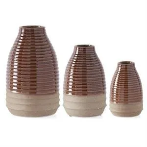 13" Glazed Brown Ribbed Vase with Tan Unglazed Bottle