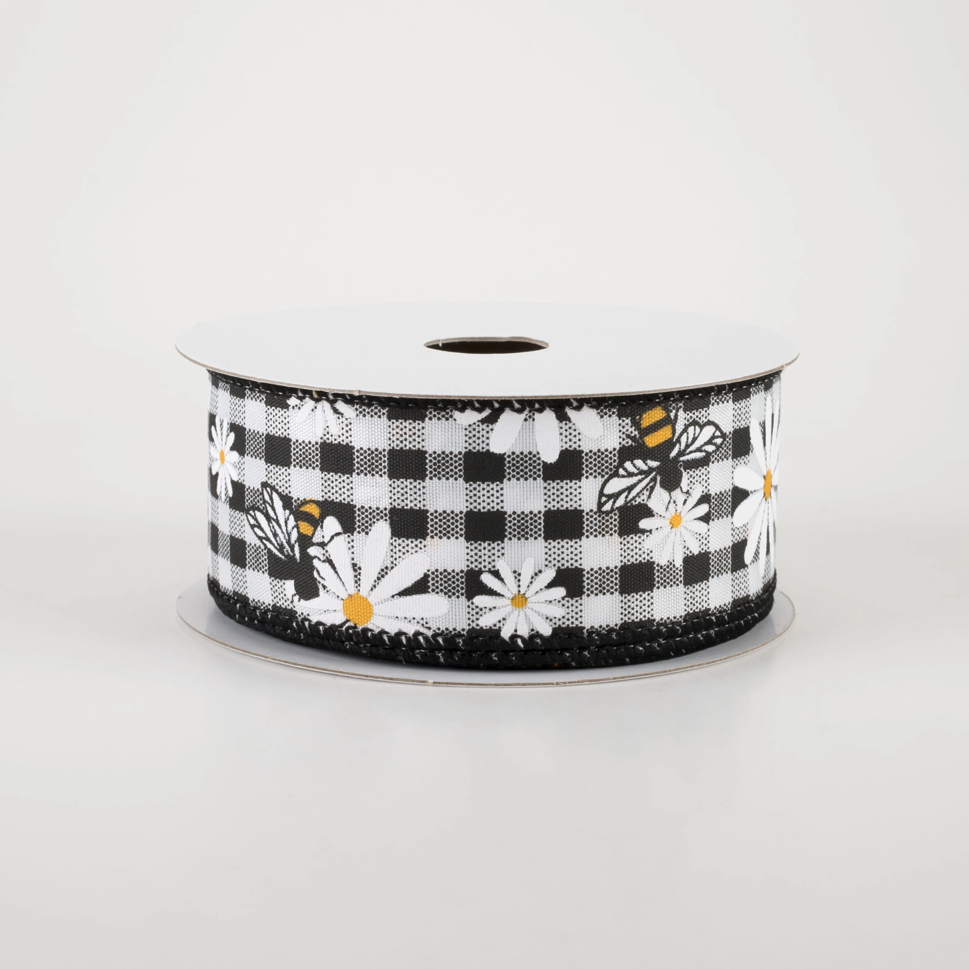 1.5" Daisies & Bees Ribbon: Black & White Gingham (10 Yards)