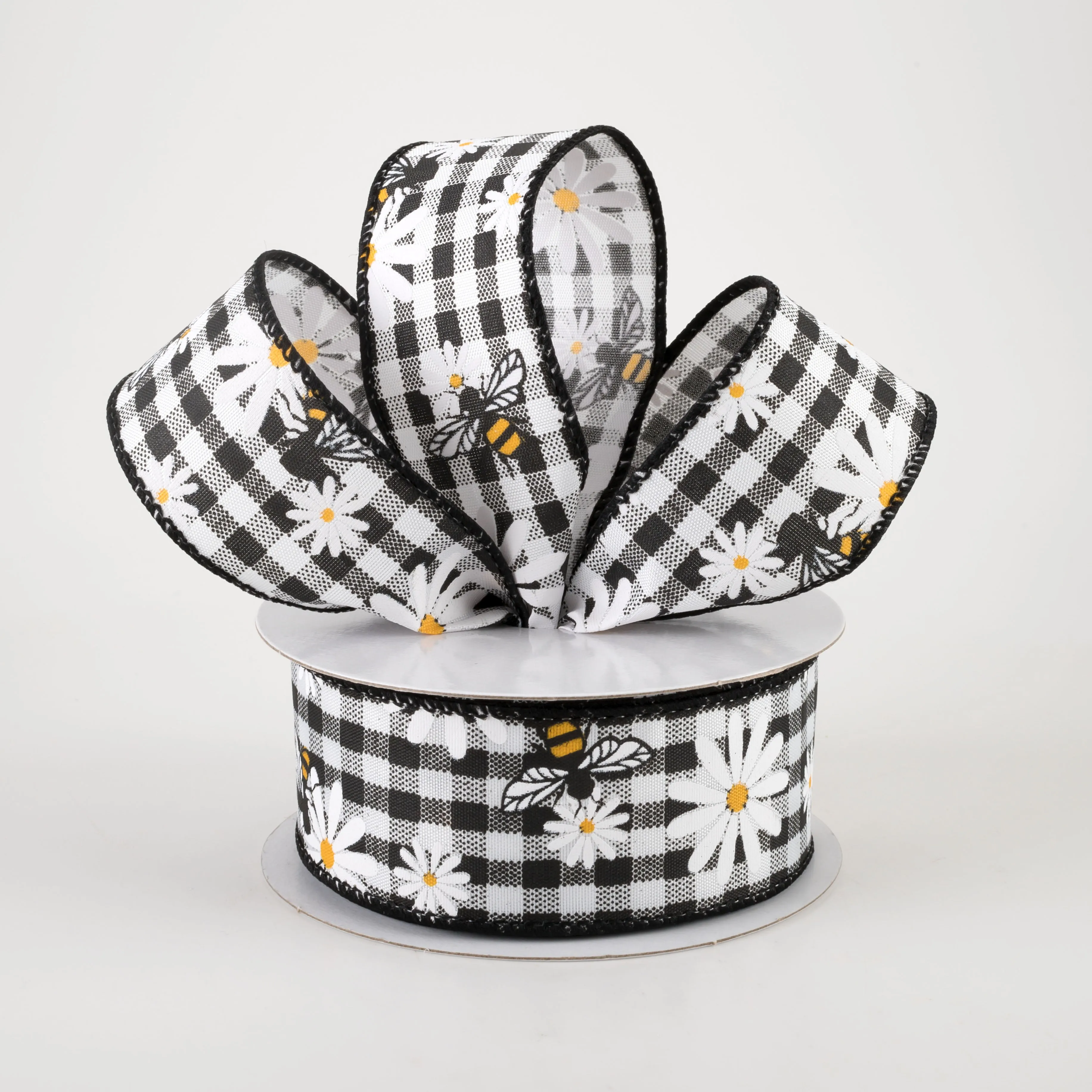1.5" Daisies & Bees Ribbon: Black & White Gingham (10 Yards)