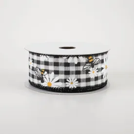 1.5" Daisies & Bees Ribbon: Black & White Gingham (10 Yards)