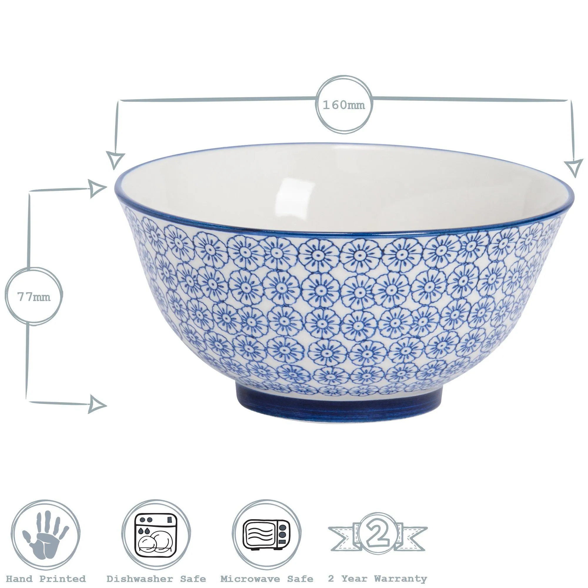 16cm Hand Printed Stoneware Cereal Bowl - By Nicola Spring