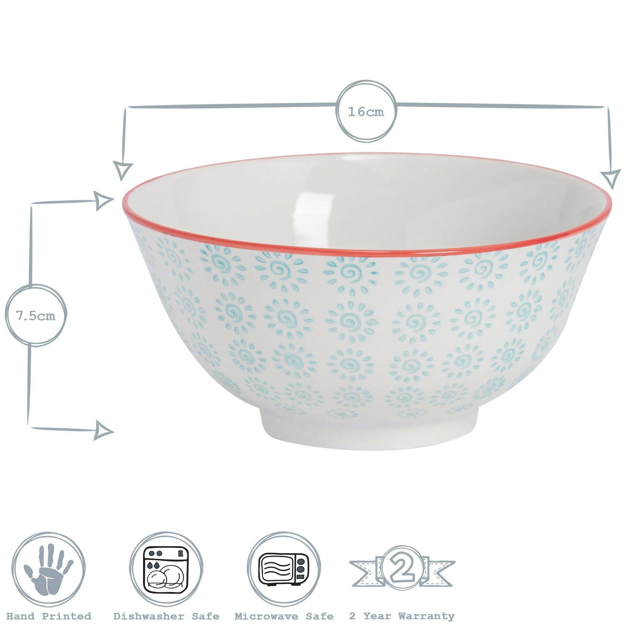 16cm Hand Printed Stoneware Cereal Bowl - By Nicola Spring