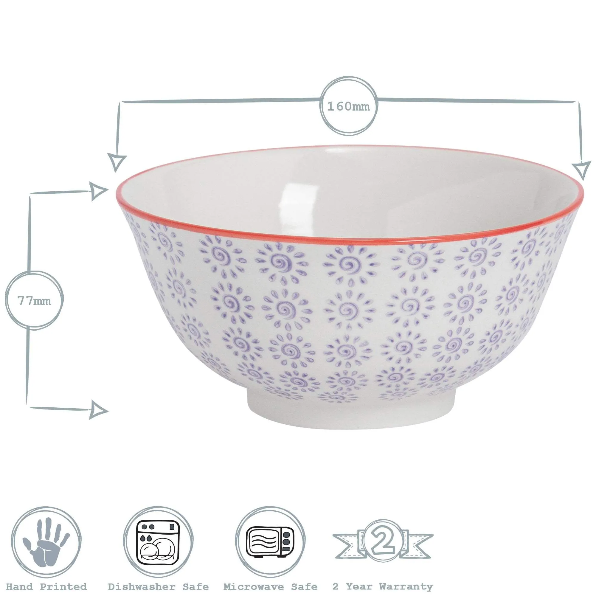 16cm Hand Printed Stoneware Cereal Bowl - By Nicola Spring