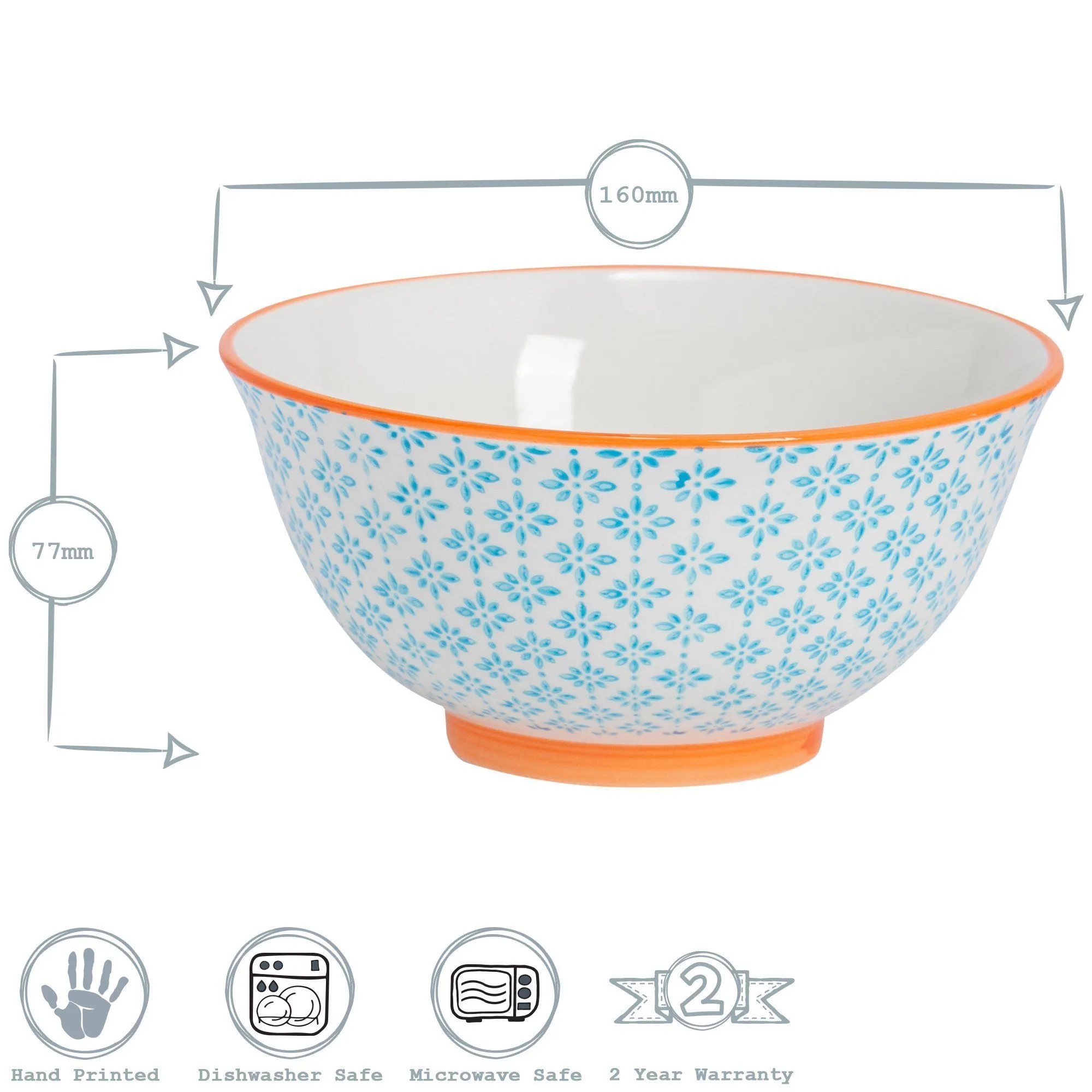 16cm Hand Printed Stoneware Cereal Bowl - By Nicola Spring