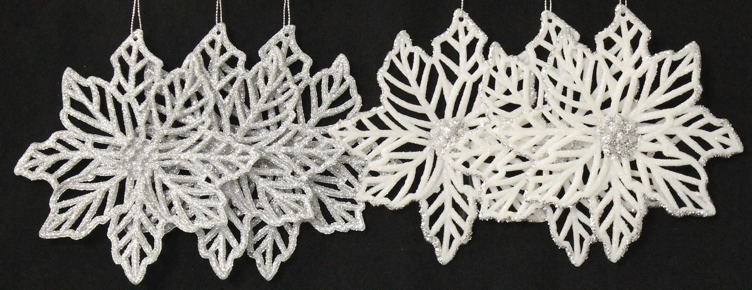 3-Pack of Silver/White Glitter Poinsettia Ornaments