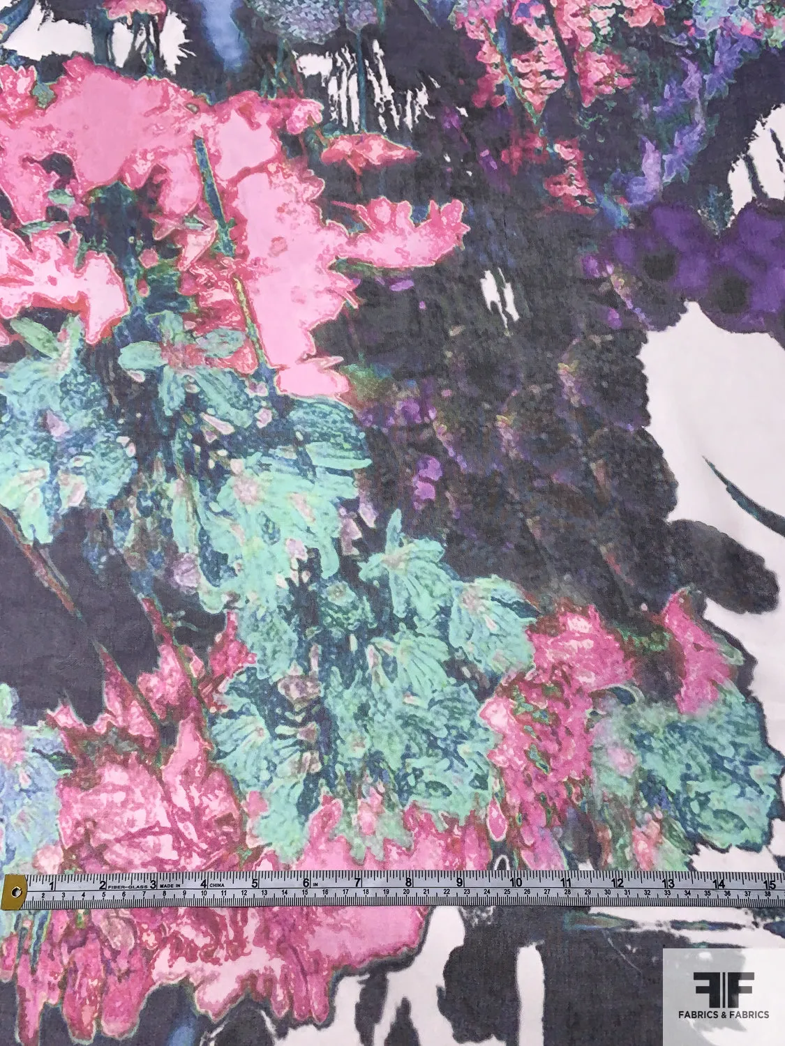 Abstract Floral Printed Silk Chiffon - Purple / Aqua Greens / Pinks