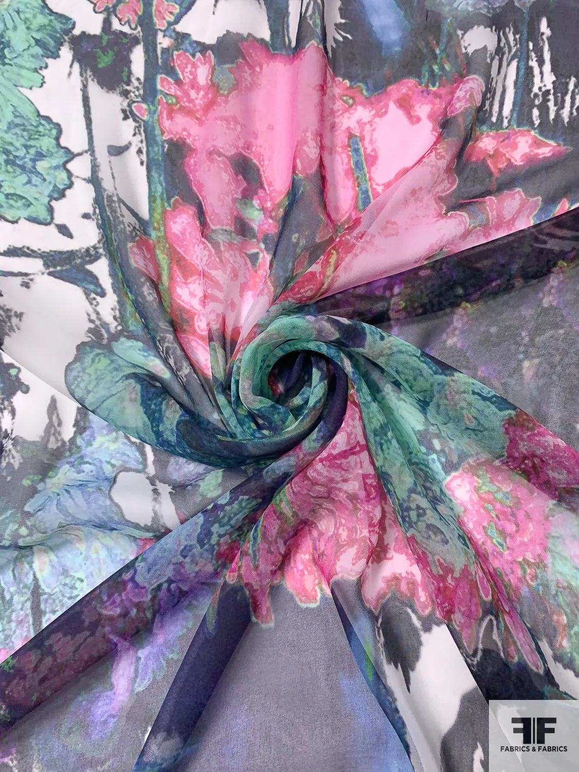 Abstract Floral Printed Silk Chiffon - Purple / Aqua Greens / Pinks
