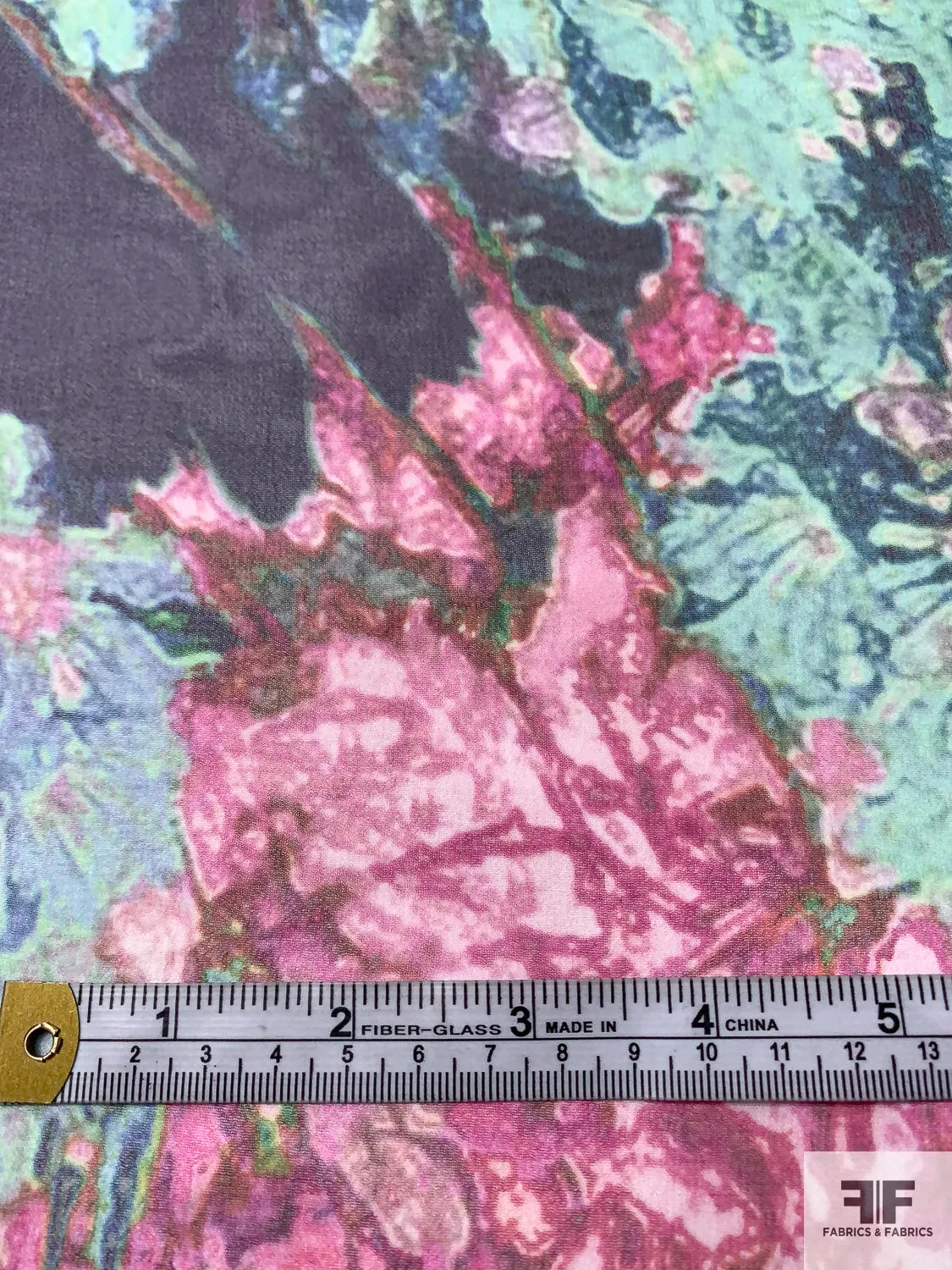 Abstract Floral Printed Silk Chiffon - Purple / Aqua Greens / Pinks