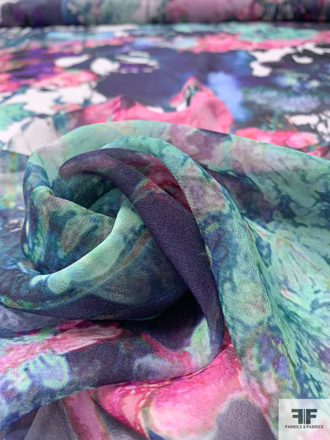 Abstract Floral Printed Silk Chiffon - Purple / Aqua Greens / Pinks