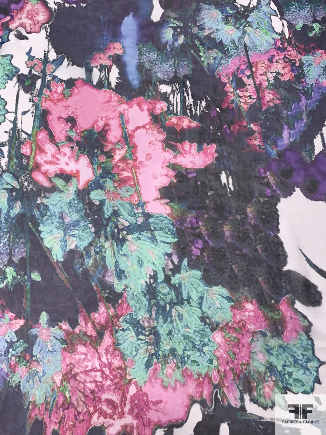 Abstract Floral Printed Silk Chiffon - Purple / Aqua Greens / Pinks