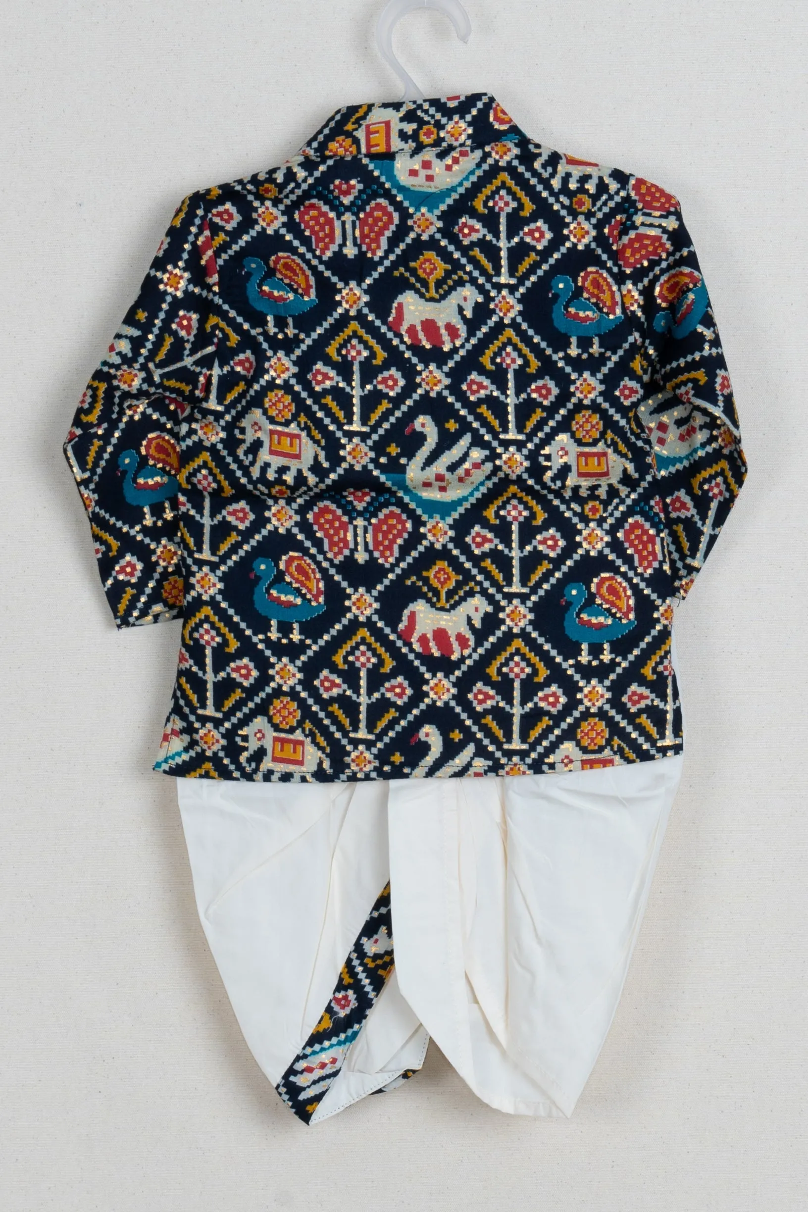 Adorable Animal Printed Navy-Blue Boys Cotton Kurta With Beige Panchakacham