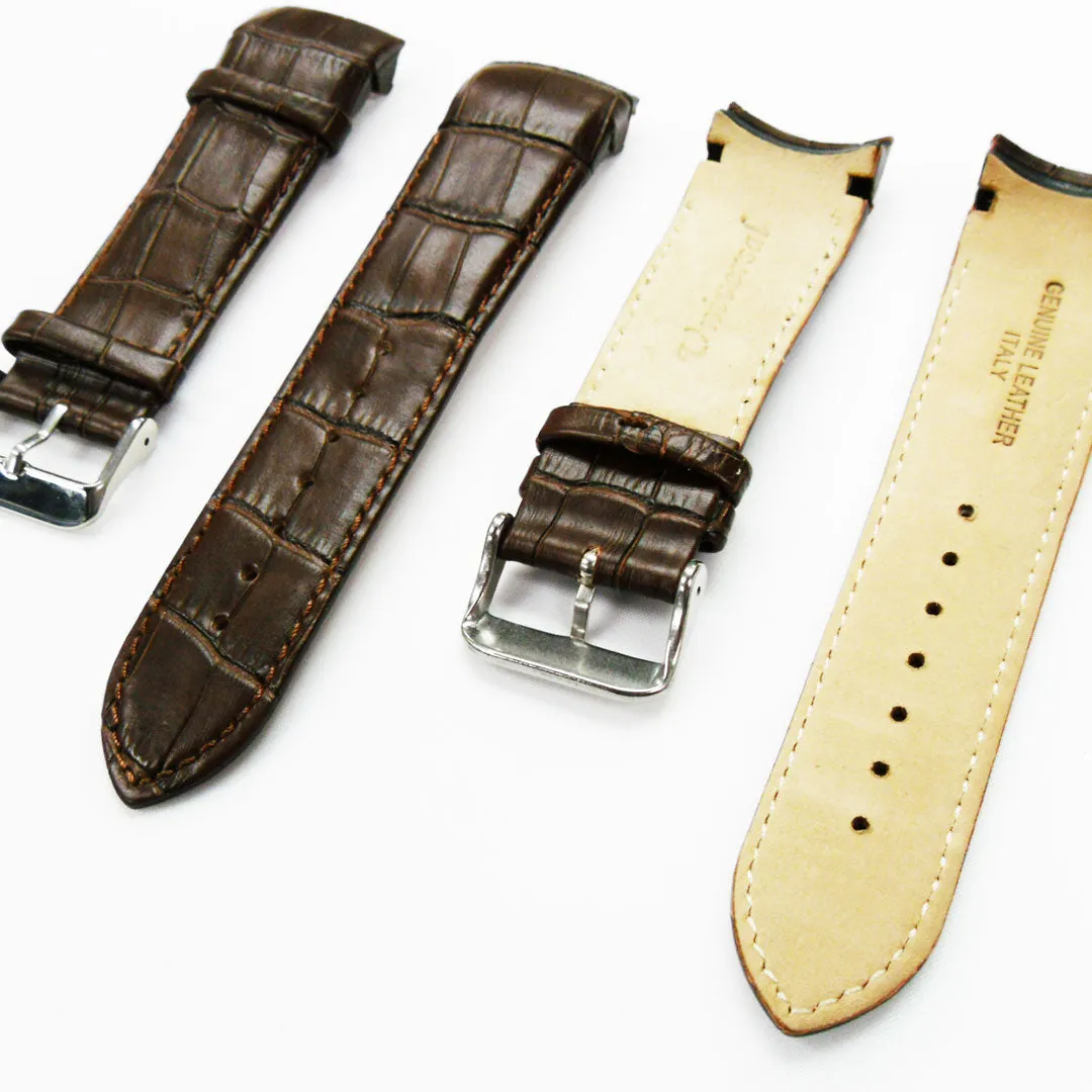 Alligator Curved Genuine Leather Watch Strap, 24MM, Brown Color, Padded, Brown Stitched, Regular Size, Silver Buckle, Watch Band Replacement