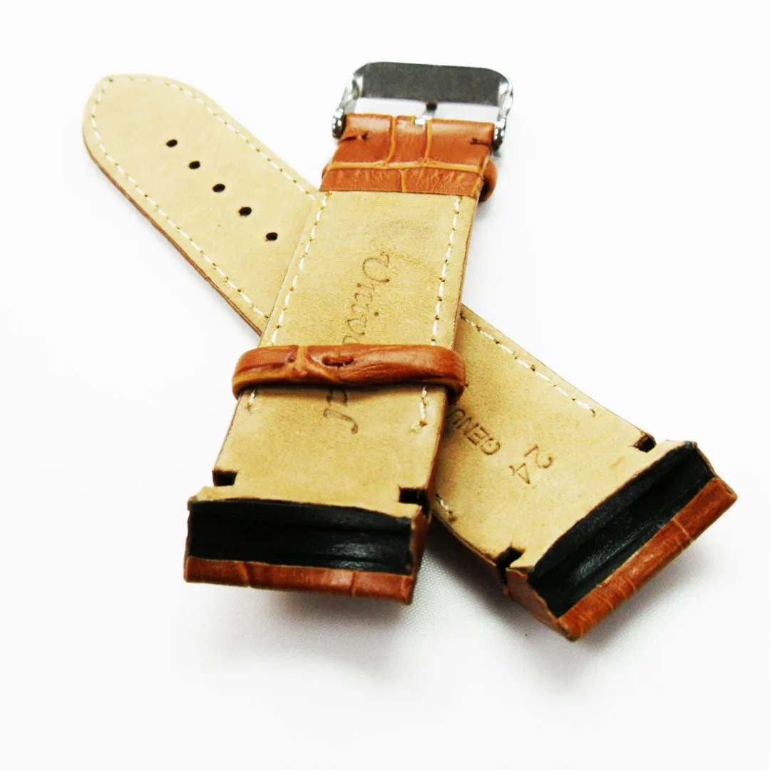 Alligator Curved Genuine Leather Watch Strap, 24MM, Brown Color, Padded, Brown Stitched, Regular Size, Silver Buckle, Watch Band Replacement
