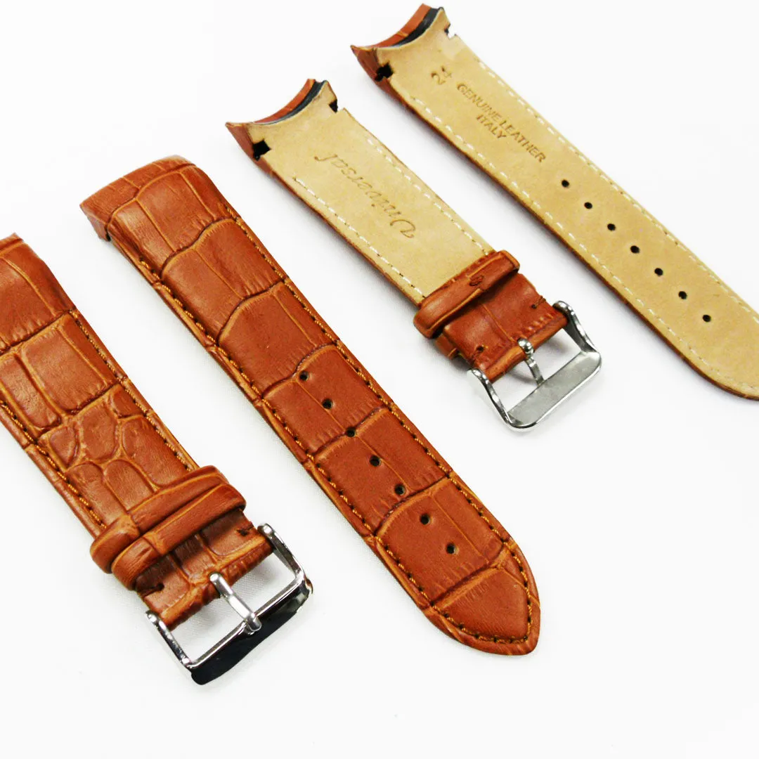 Alligator Curved Genuine Leather Watch Strap, 24MM, Brown Color, Padded, Brown Stitched, Regular Size, Silver Buckle, Watch Band Replacement