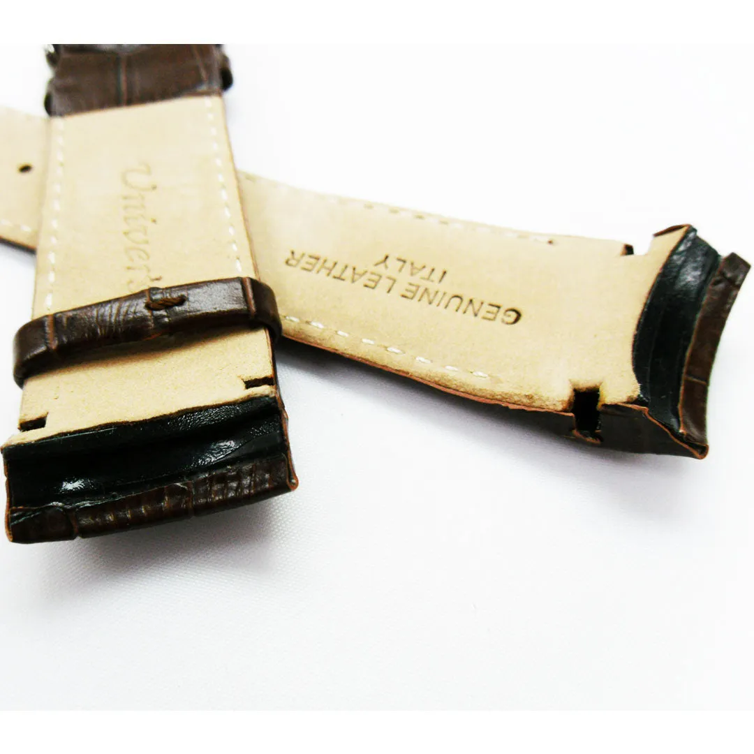 Alligator Curved Genuine Leather Watch Strap, 24MM, Brown Color, Padded, Brown Stitched, Regular Size, Silver Buckle, Watch Band Replacement