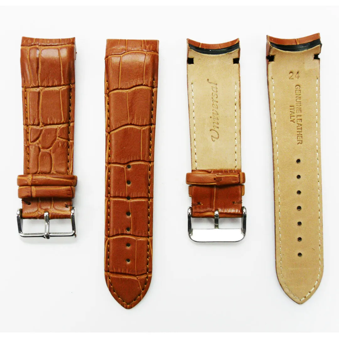 Alligator Curved Genuine Leather Watch Strap, 24MM, Brown Color, Padded, Brown Stitched, Regular Size, Silver Buckle, Watch Band Replacement