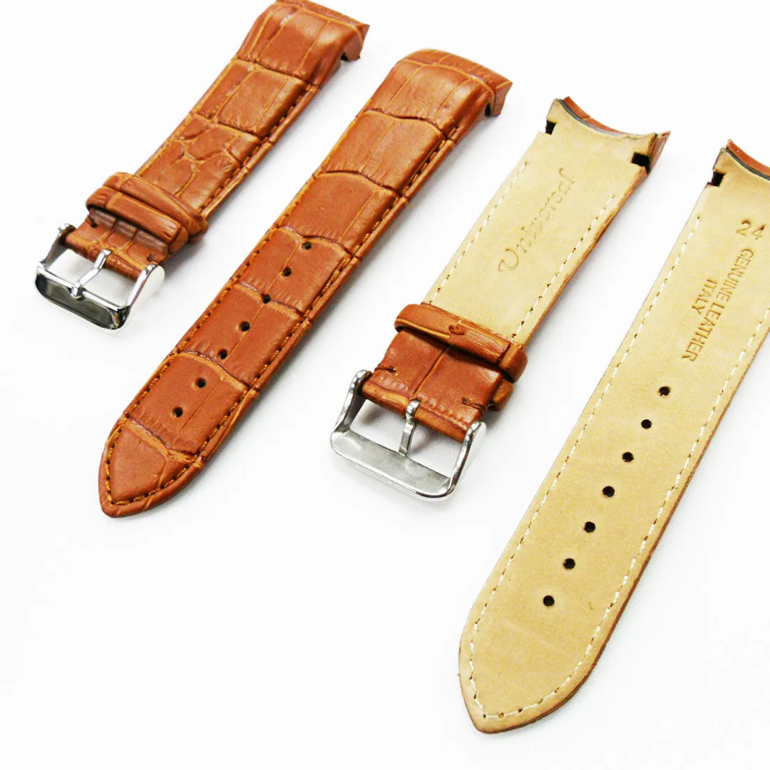 Alligator Curved Genuine Leather Watch Strap, 24MM, Brown Color, Padded, Brown Stitched, Regular Size, Silver Buckle, Watch Band Replacement