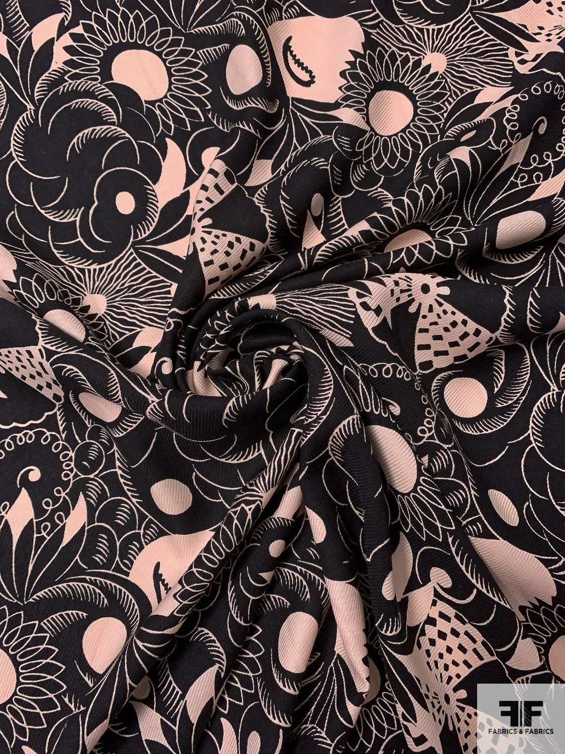Anna Sui Exotic Floral Printed Rayon Twill - Black / Light Blush