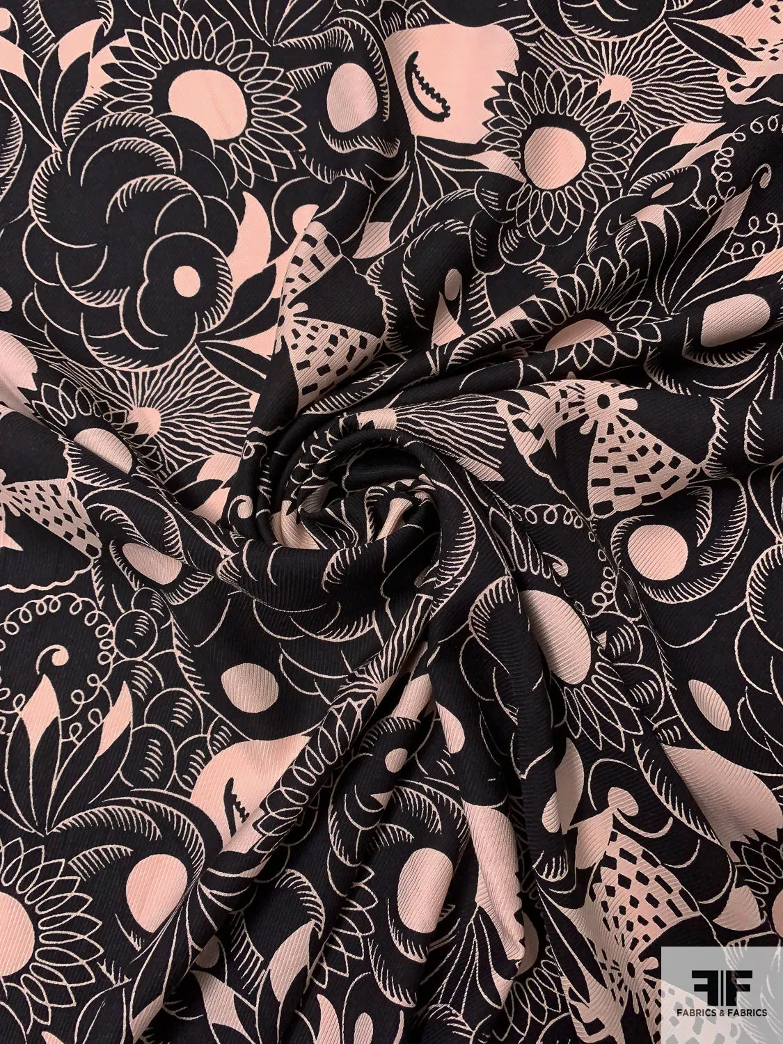 Anna Sui Exotic Floral Printed Rayon Twill - Black / Light Blush