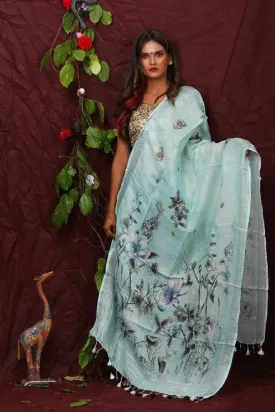 Aqua Floral Digital Printed Linen Women Dupatta
