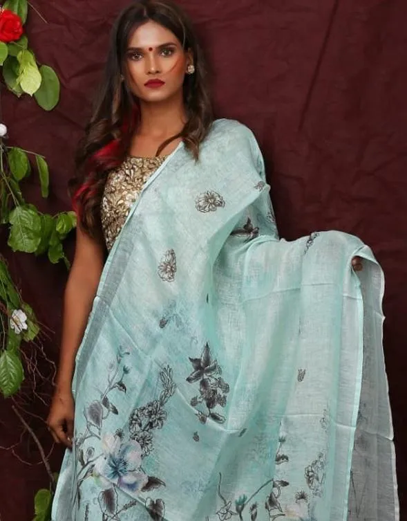 Aqua Floral Digital Printed Linen Women Dupatta