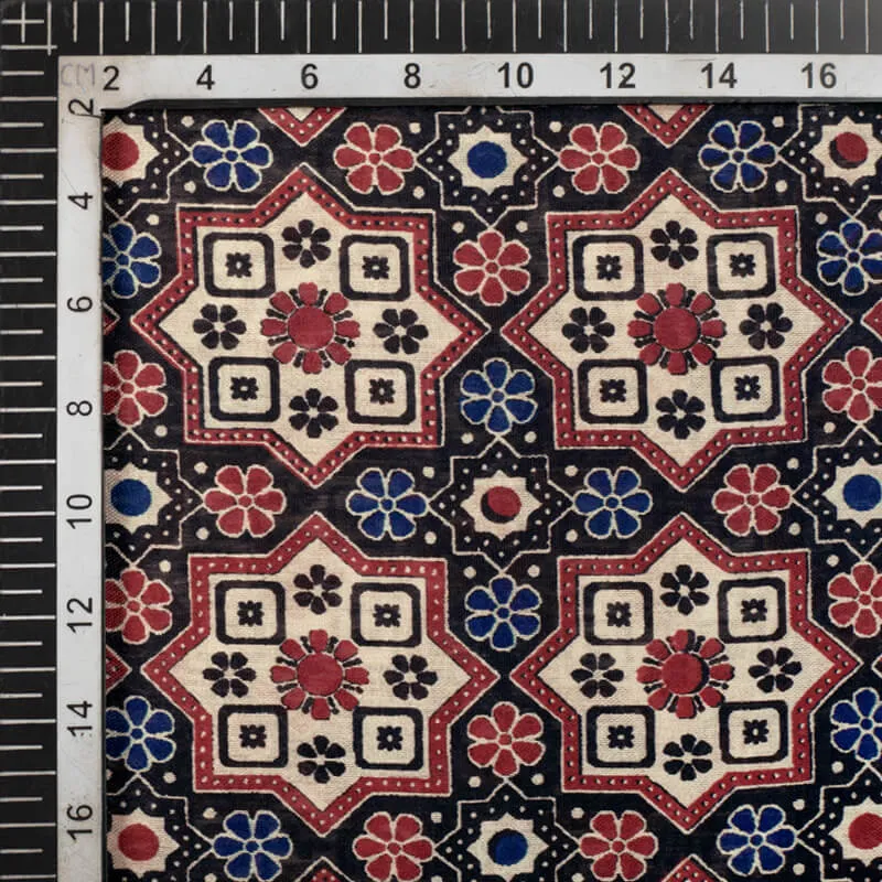 Beige And Black Geometric Pattern Digital Print Viscose Chanderi Fabric