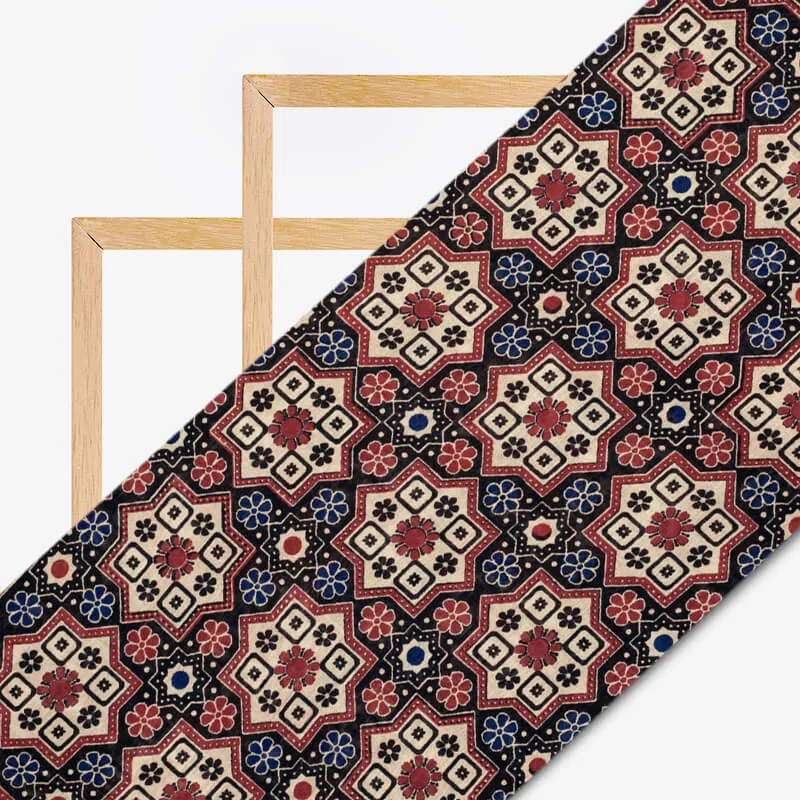 Beige And Black Geometric Pattern Digital Print Viscose Chanderi Fabric