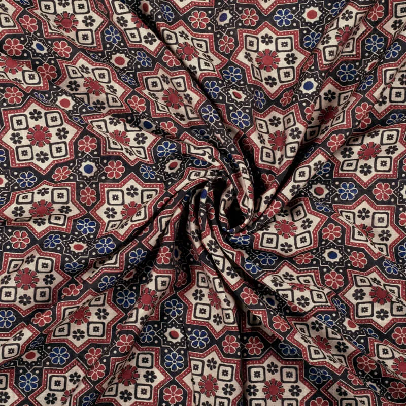 Beige And Black Geometric Pattern Digital Print Viscose Chanderi Fabric