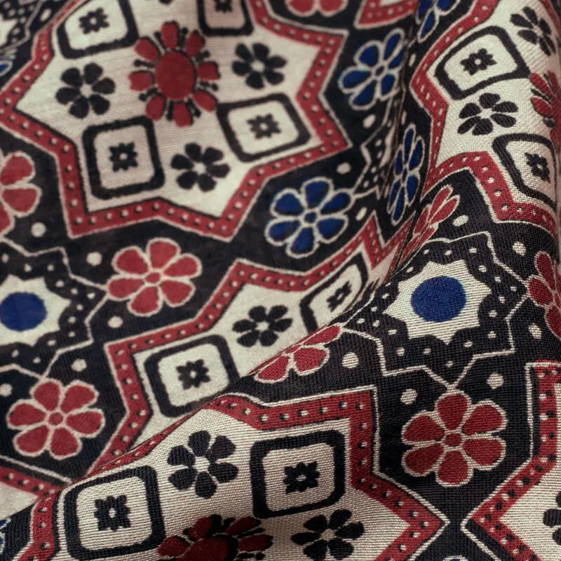 Beige And Black Geometric Pattern Digital Print Viscose Chanderi Fabric