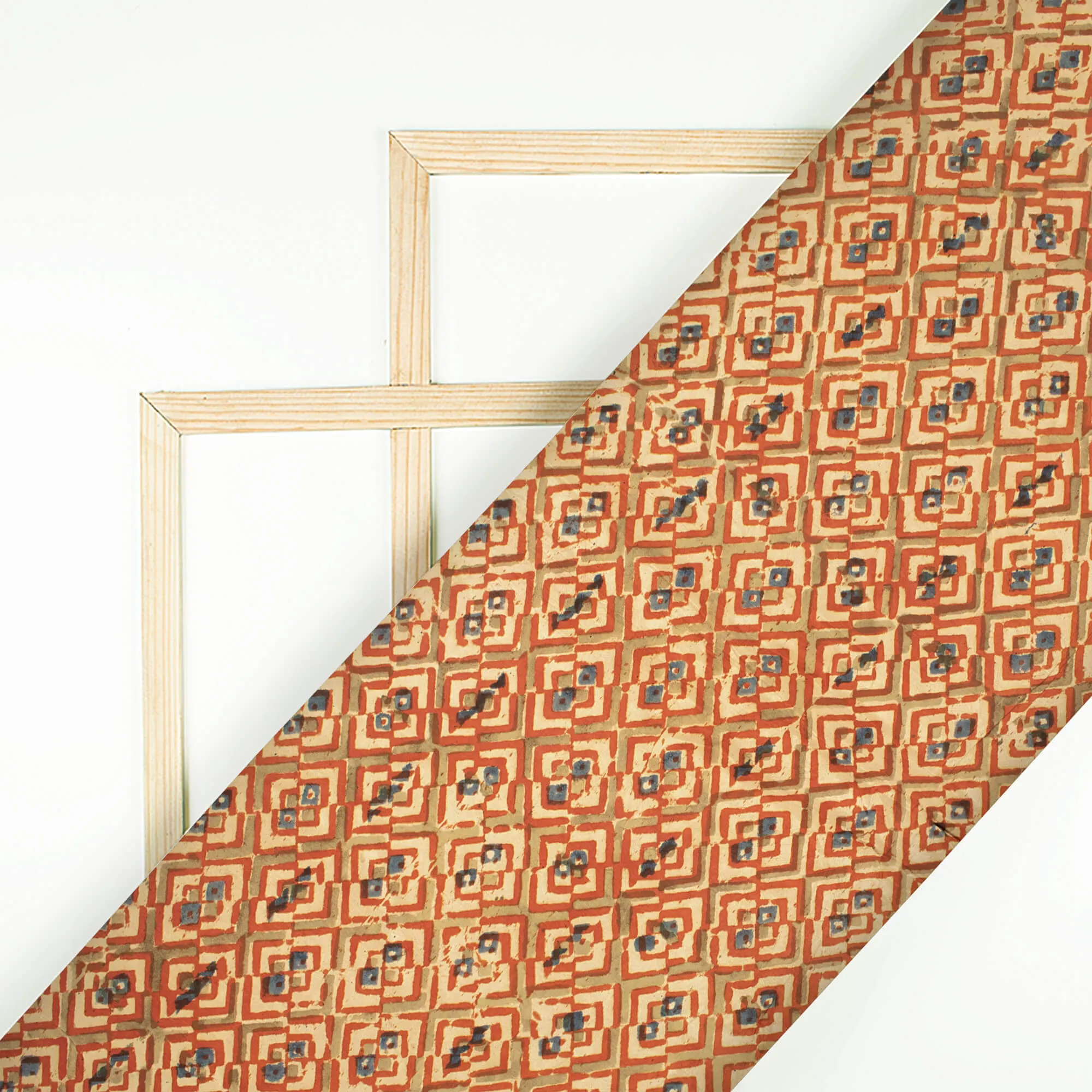 Beige And Cherry Red Geometric Pattern Handblock Kalamkari Cotton Silk Fabric