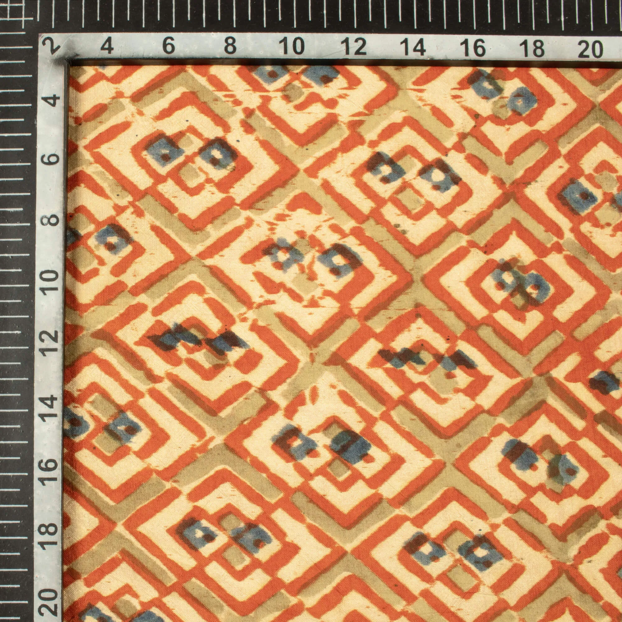 Beige And Cherry Red Geometric Pattern Handblock Kalamkari Cotton Silk Fabric