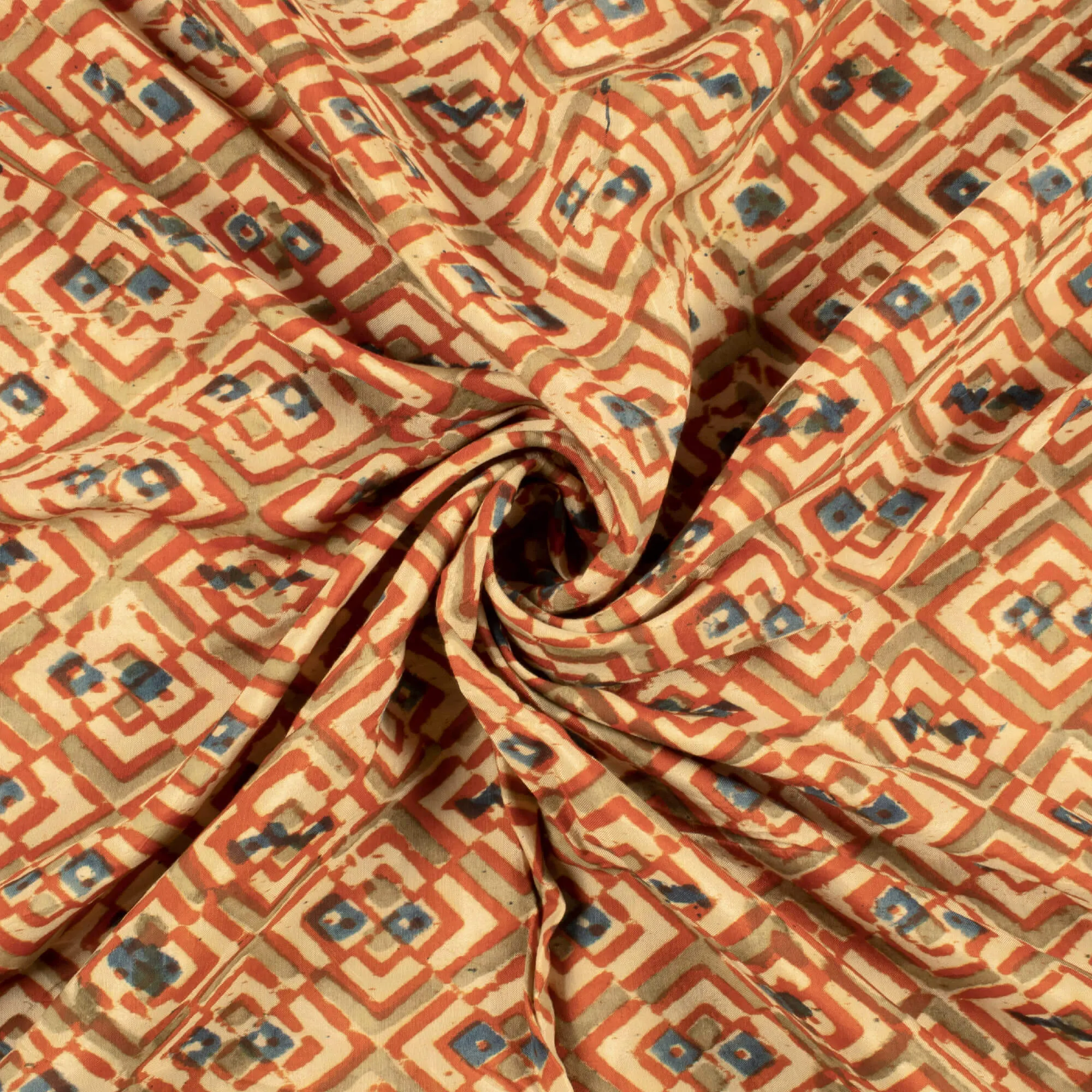 Beige And Cherry Red Geometric Pattern Handblock Kalamkari Cotton Silk Fabric