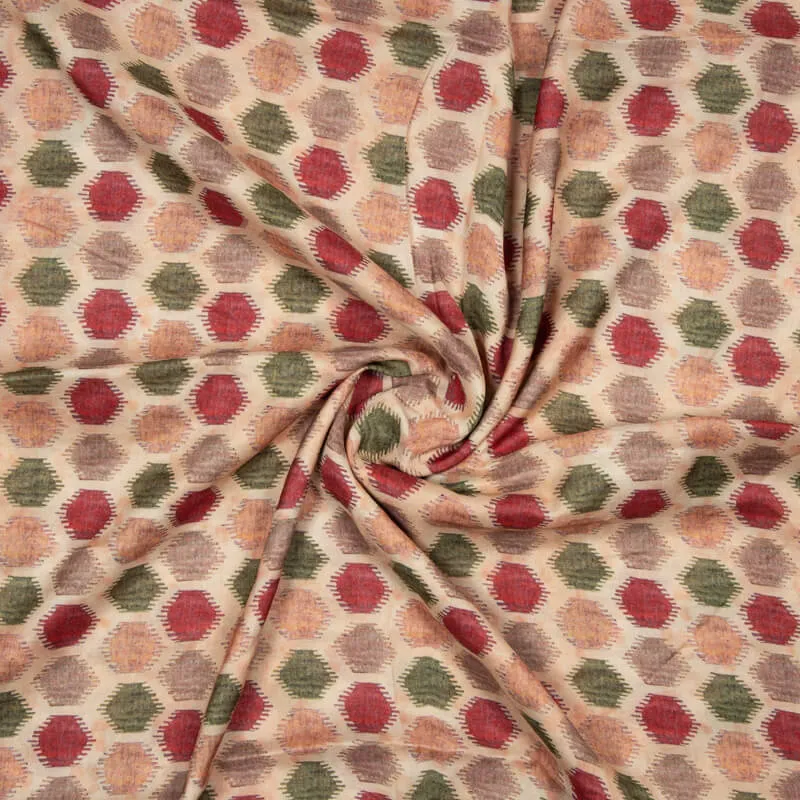 Beige Geometric Pattern Digital Print Viscose Muslin Fabric