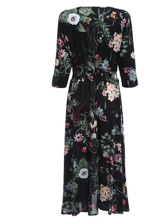 BerryBetty - Bohemia Floral Printed V Neck Maxi Dress