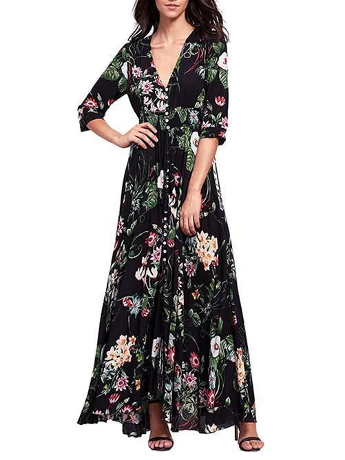 BerryBetty - Bohemia Floral Printed V Neck Maxi Dress