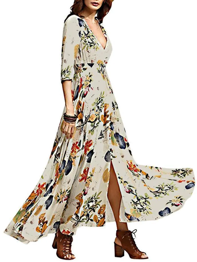 BerryBetty - Bohemia Floral Printed V Neck Maxi Dress