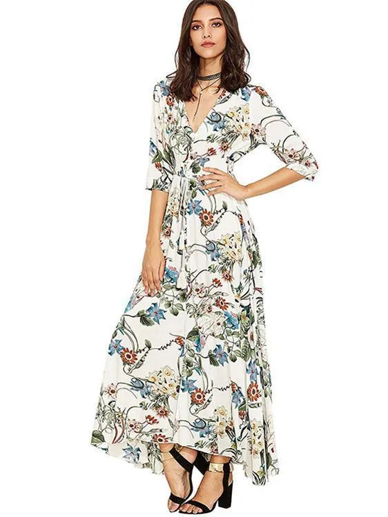 BerryBetty - Bohemia Floral Printed V Neck Maxi Dress