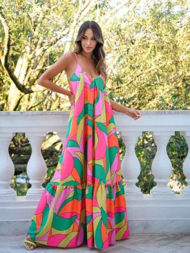 BerryBetty - Bright Abstract Print Spaghetti Strap Maxi Dress