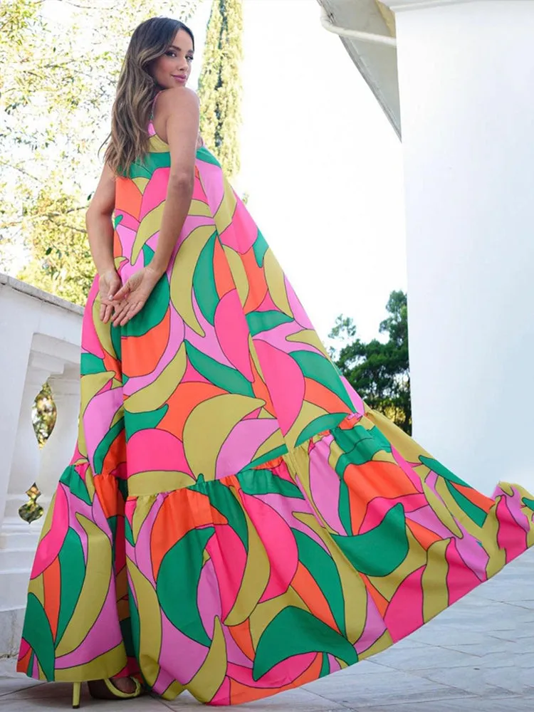 BerryBetty - Bright Abstract Print Spaghetti Strap Maxi Dress