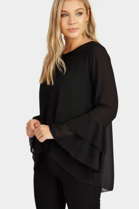 Black Flute Sleeve Sheer Blouse