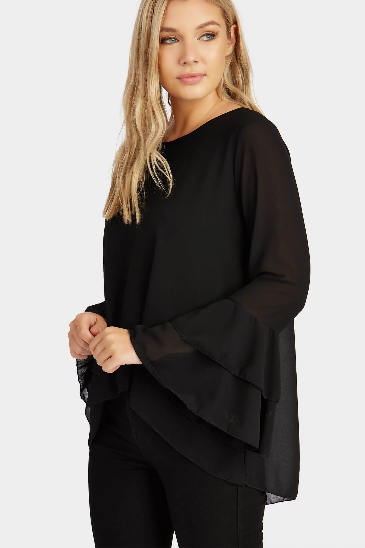 Black Flute Sleeve Sheer Blouse