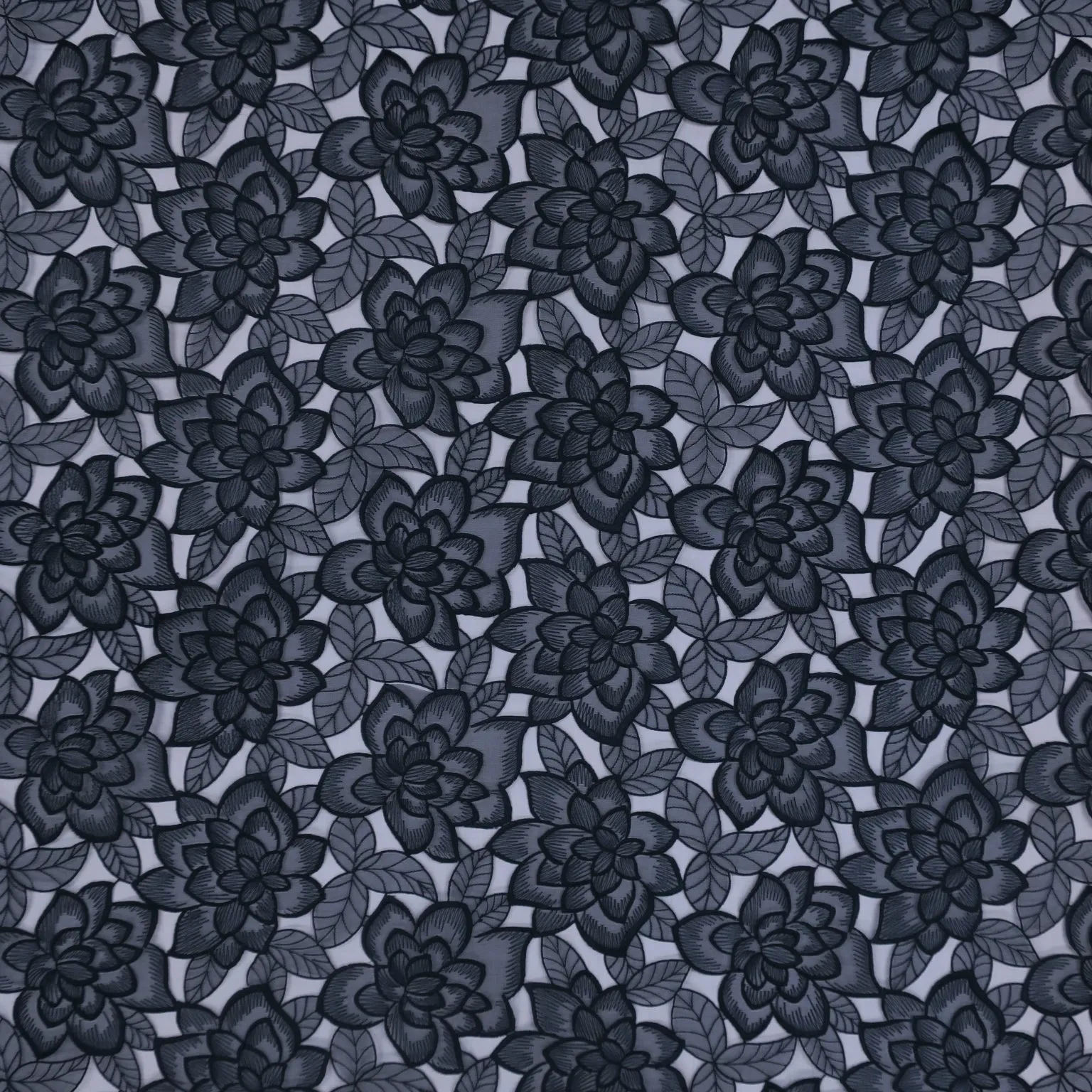 Black Laser Cut Florals and Leaves on Organza Fabric