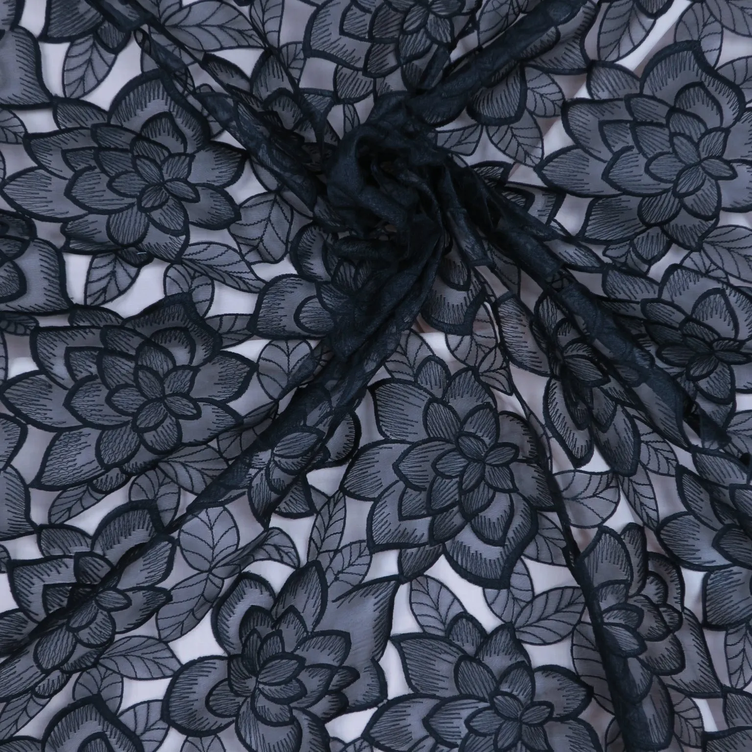 Black Laser Cut Florals and Leaves on Organza Fabric