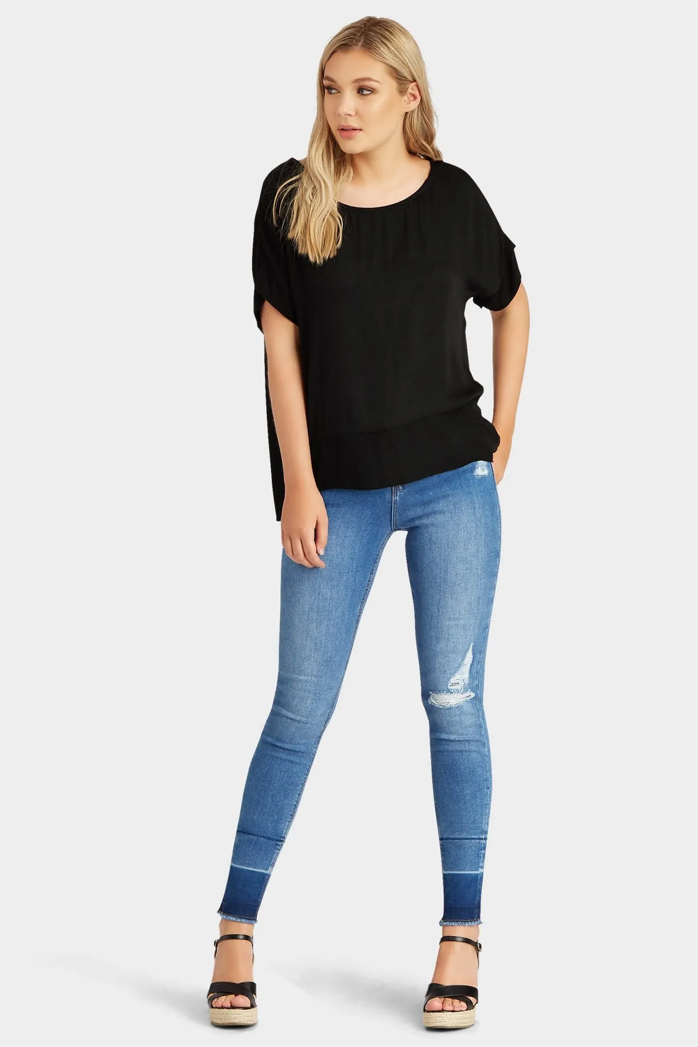 Black Mesh Panel Basic T-Shirt