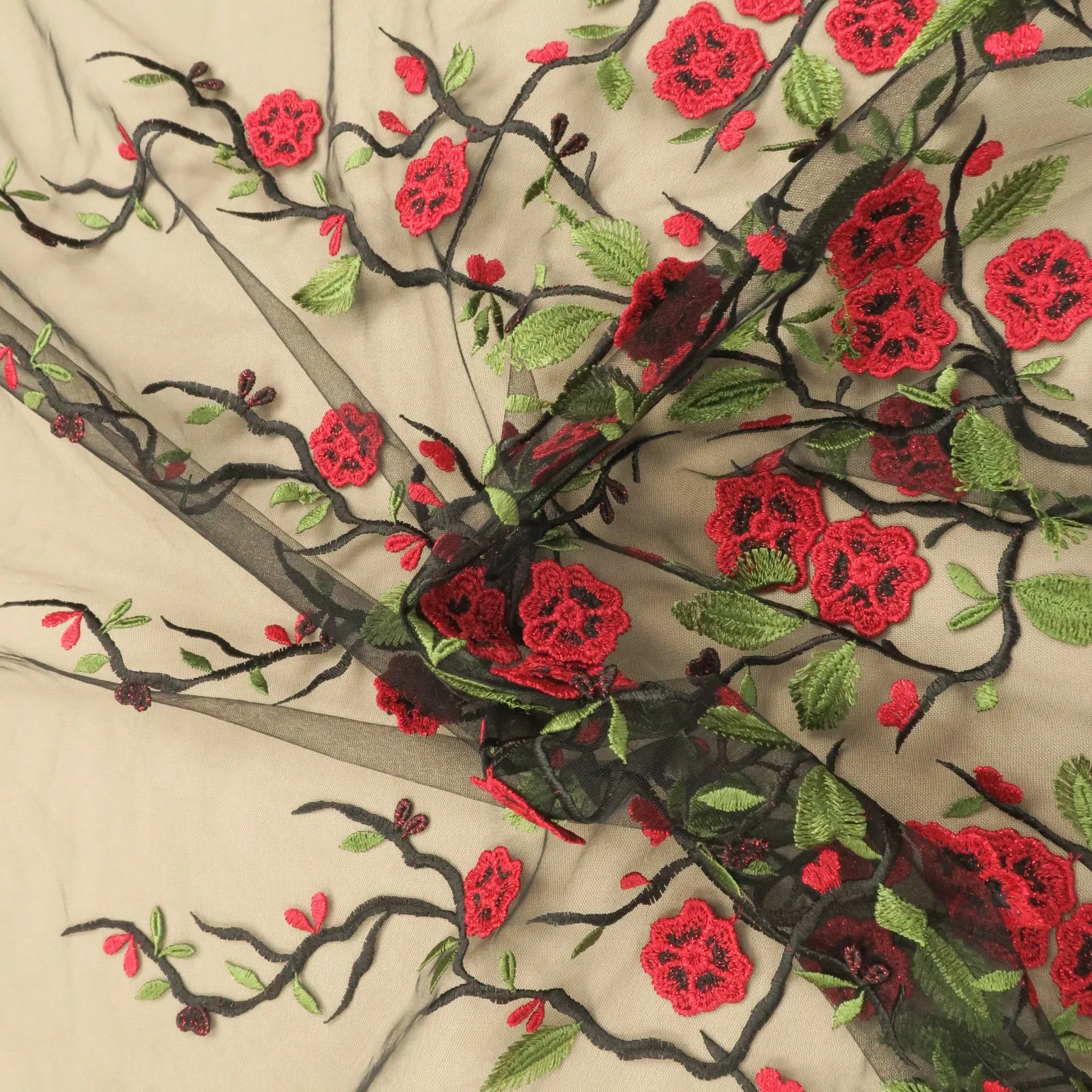 Black, Red and Green Floral Double Scalloped Embroidered Tulle Fabric